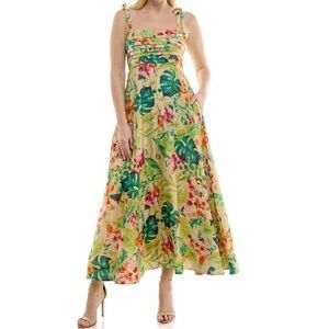 NWOT Taylor Floral Tropical Floral A-Line XS Maxi Dress Smocked Pleated Pockets